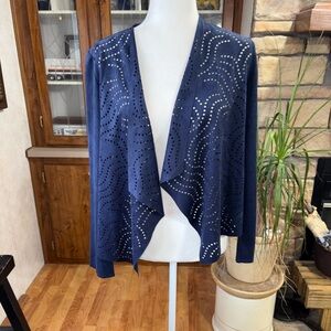 Chicos size 0 size 4 navy blue waterfall open front cutout shrug. Suede feel